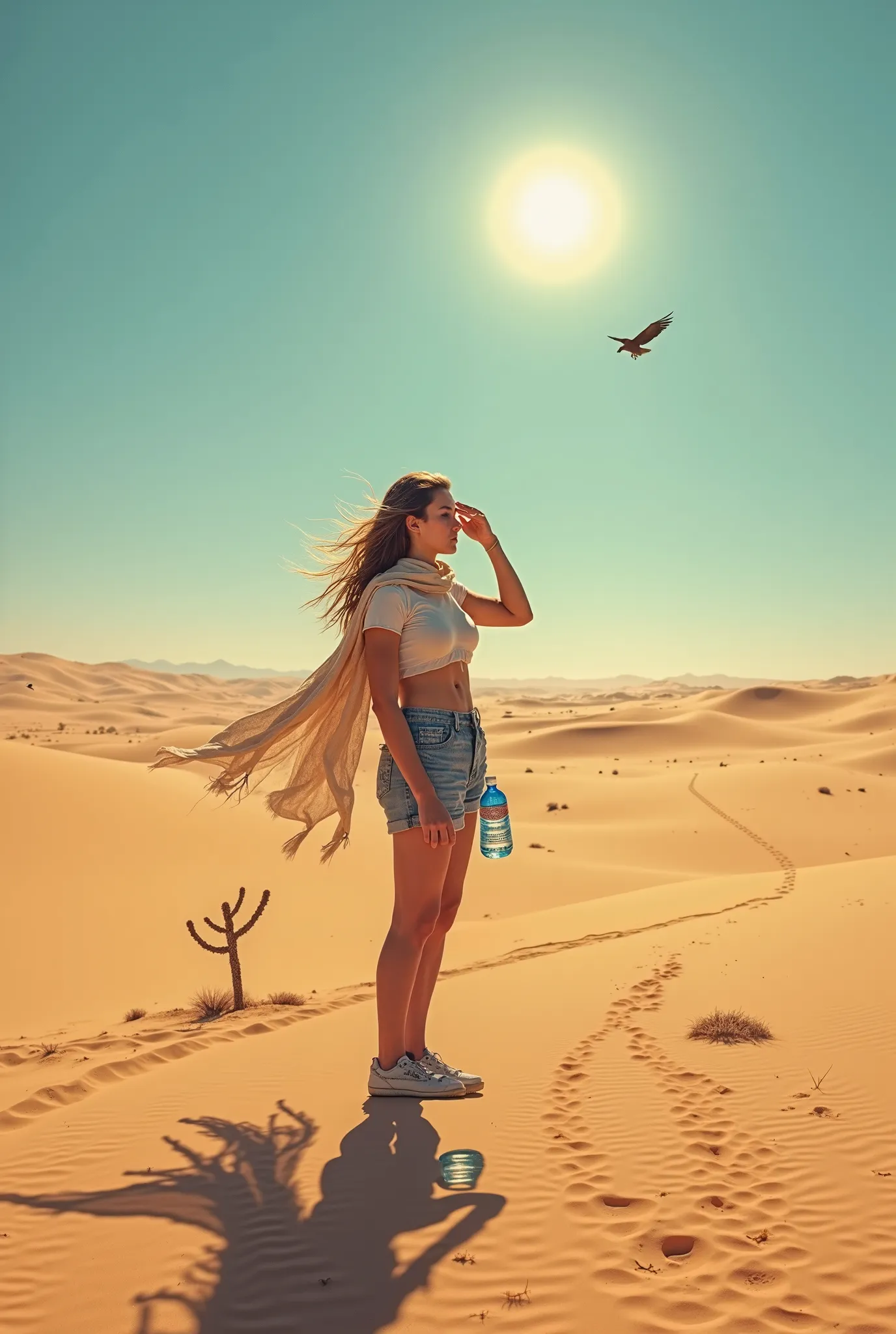 A young woman standing alone in a vast desert under a blazing sun, her shadow stretching long across golden sand dunes. She wears a lightweight scarf billowing in the dry wind, one hand shielding her eyes as she scans the horizon. The landscape is stark an...