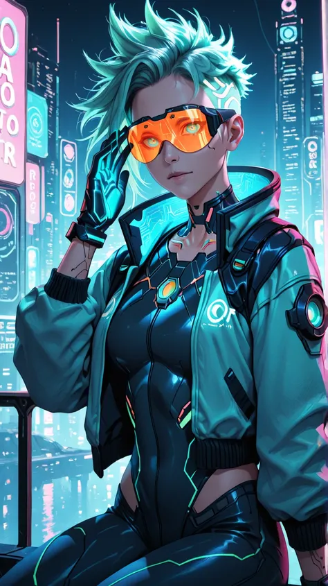 A cool cyberpunk style avatar designed for a hacker, featuring sleek, futuristic aesthetics and vibrant neon colors. The character has an edgy appearance with short, spiked hair in bold colors like electric blue or neon green. Their outfit consists of a fo...