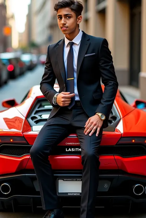 the luxury boy on the dogechagersrt car nbackround type his name "LASITH"the pitutre is very luxury.he has one watch,gun.the luxury car.very luxury photo.