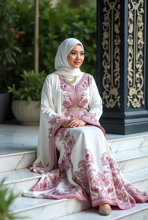 "Design an elegant and luxurious scene featuring a beautiful chubby hijab woman,softly smiling dressed in a white traditional batik javanese indonesia etnic embroidered outfit with intricate batik patterns in shades of burgandy and silver. The outfit inclu...