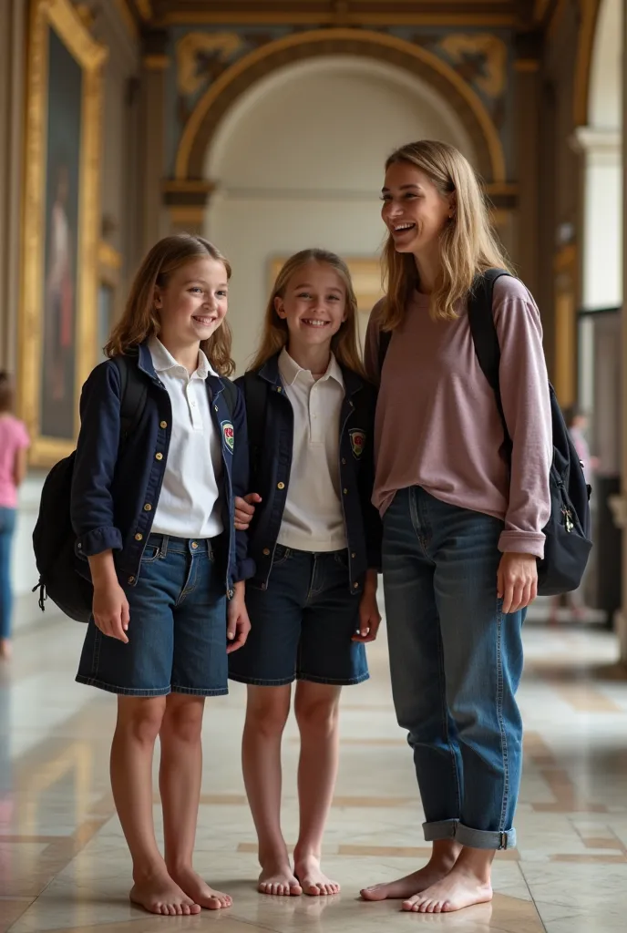 Realistic photo, three 14-yo schoolgirls and female guide smiling and standing barefoot in museum