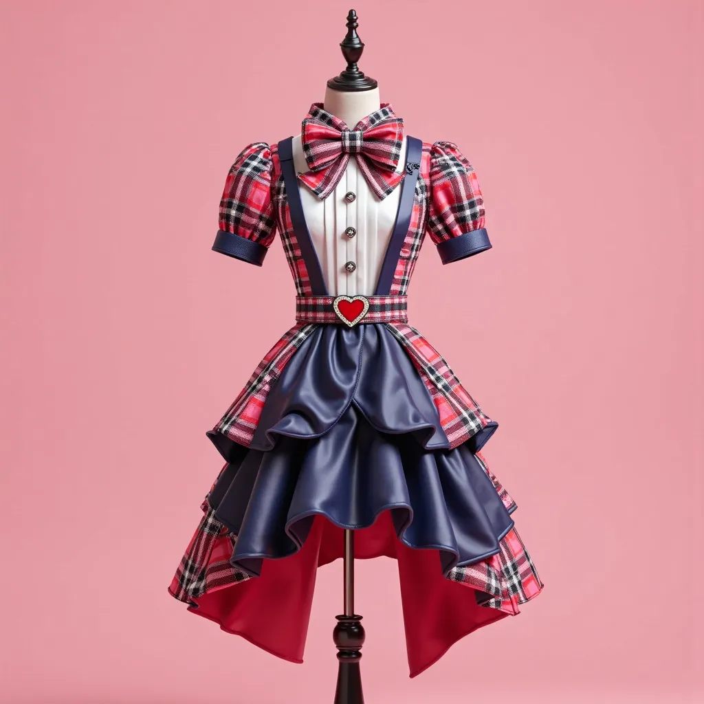 Design 7 idol outfits with a playful yet elegant theme. The dress features a fitted white bodice with black vertical trim, red satin lapels, and navy accents on the shoulders and collar. A large bow in matching pink, navy, and white plaid adorns the neckli...