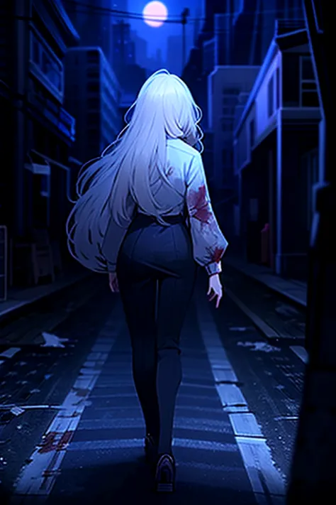 A woman with white hair down to her back, bangs, tall, large breasts, blood stained all over her body, wearing a long shirt covering her legs, looking exhausted, panting a little, walking in the city at night.