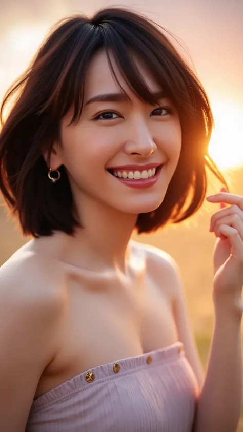 high quality realistic portrait,Beautiful woman with short hair fluttering her hair,Jet Black Hair, in a dress,strapless mini dress, he opens his mouth loudly , teeth inside, front view,Touching your hair,Sunset, backlit,Strong winds,hair fluttering in the...