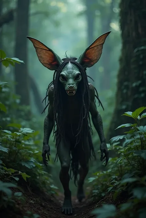 Create a hyper-realistic photograph capturing a mysterious moment in the depths of a lush forest. In the center of the frame, an unknown creature with big ears and dreadlocks moves stealthily through the foliage, its alien attire blending seamlessly with t...