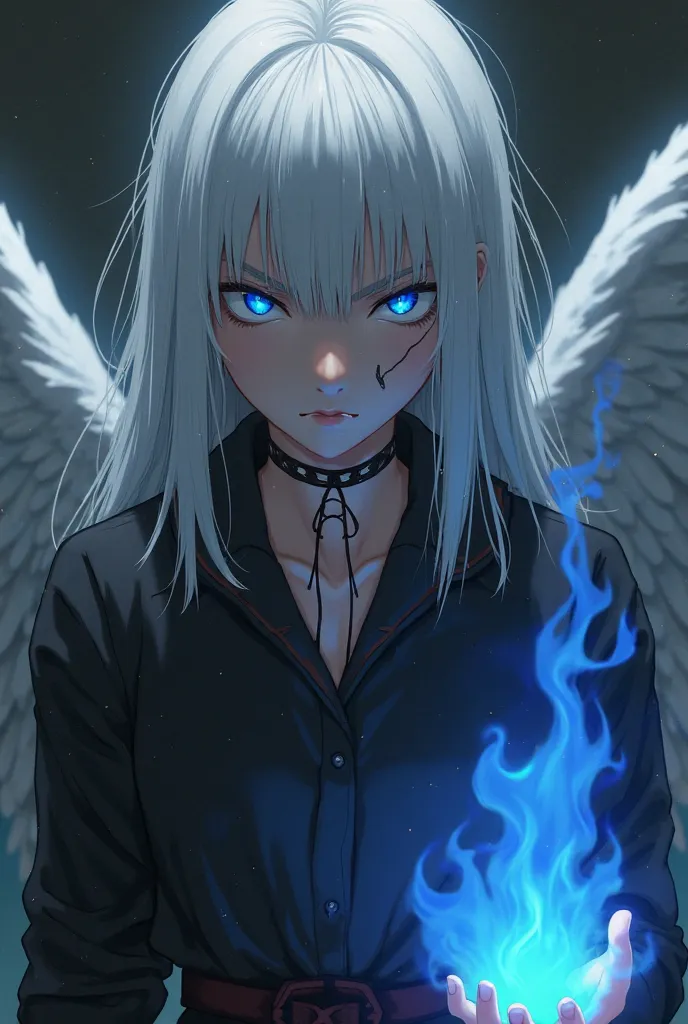 a 17-year-old girl with an angry face, bright blue eyes with straight white hair, a black shirt tied and with white wings and with a scar around the neck while in his hand he has a blue fire 