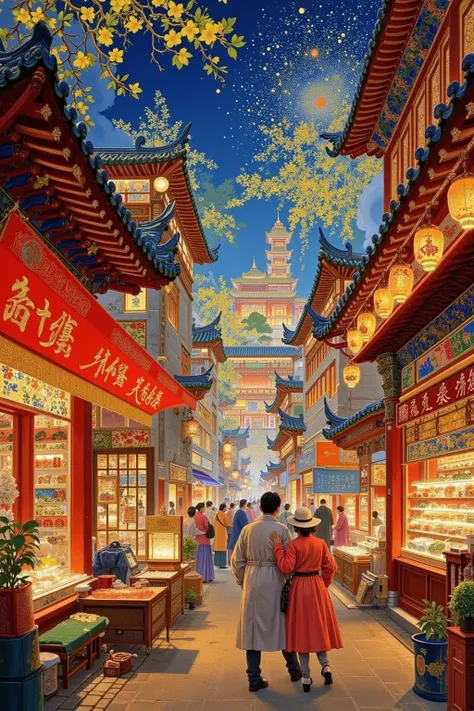 The bustling Chang'an Street,  exquisite details ,Highly Authentic,Professional Photography,Detailed Street Scenes,bustling market atmosphere,crowds rubbing shoulders,Various snack shops,colorful decorations,Melodious music,brightly lit nights,fireworks， h...