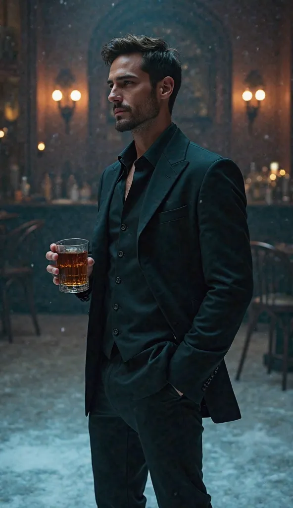 1 man standing on ice in a dark nightclub with a glass of whiskey in his hand 

Outward appearance:
 * Face: Lucifer has a distinctive, attraktives Face mit hoher Stirn, pronounced cheekbones and a strong jaw. His lips are full and sensual, often twisted i...