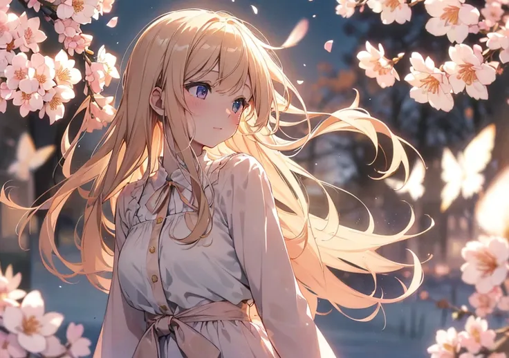 Her pale peach blonde hair flutters gently in the breeze, tied with a large pastel pink ribbon. Warm sunlight shines on her profile, and her eyes shine with a gentle gold and orange glow. Her soft smile and pale blush are adorable, and the background is a ...