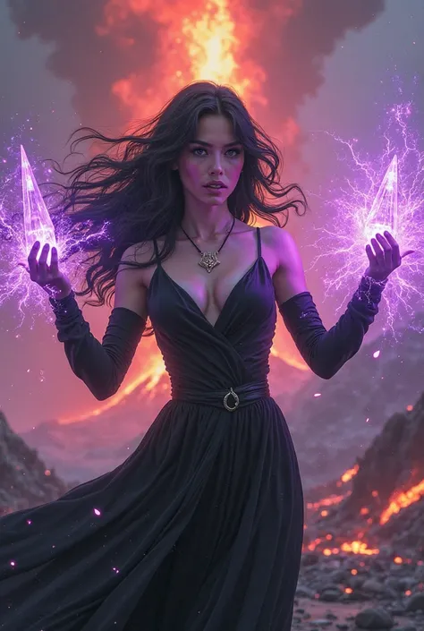 girl, 25 years old,  black thick hair , dressed in black clothes, a medallion hangs around his neck,  Purple eyes. Violently conjures crystal magic. A volcano erupts in the background