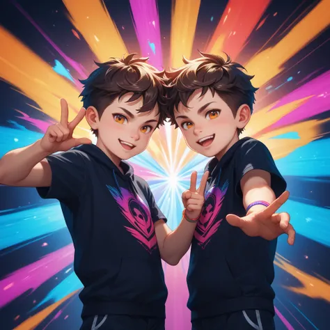 Dynamic angle. Dynamic pose. Two youngster boys. Conjoined twins. Hand pose. 