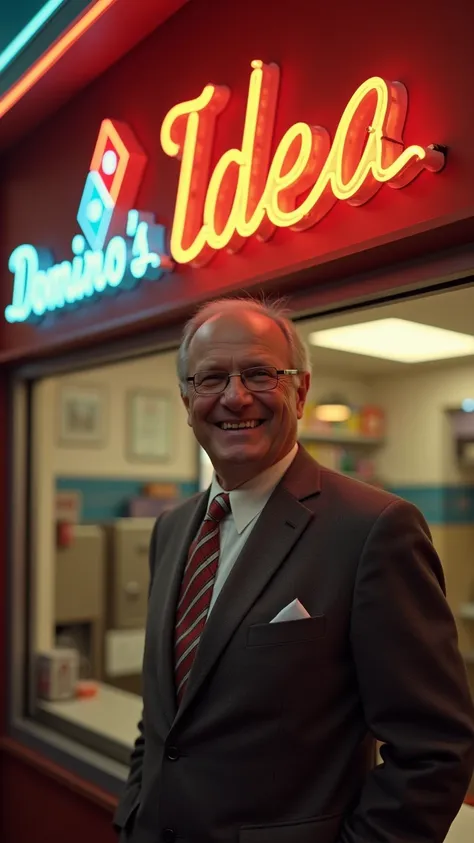 Owner of Domino's Pizzaria smiling because he had a GREAT IDEA, a man in the classic suit of the time,  with a confident smile . The setting is the front of a Domino's pizzeria in the 1960s, with vintage neon signs and a retro environment