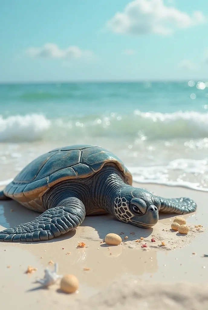 Create a amazing 3D image of black mature turtle laying eggs in the beach of ocean