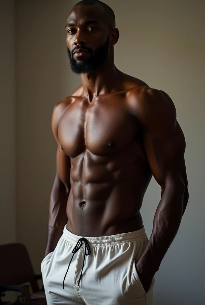 One Handsome mature man, handsome man,6 packs, muscular, negro man,black skin, no beard,no hair, bodybuilder,wear pajamas 