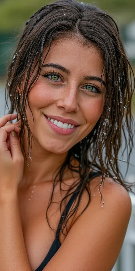 (((Full body:1.6))) Hyper realistic eye level exterior photo Create a photorealistic, healthy  female model in her early 20s. Water cascades onto her hair and face, leaving glistening droplets and streams elegantly flowing down her skin. She wears a subtle...