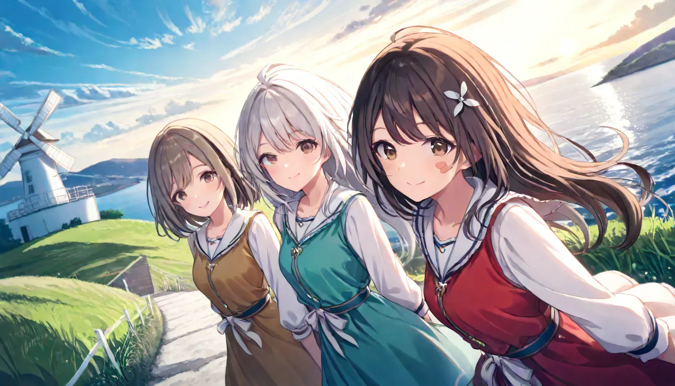 (( masterpiece , Top Quality , dynamic angle ))、((( 3 girls , smile , silver hair , black hair , brown hair )))、( detailed face 、on the hill 、One white windmill:1.2)、( sea )