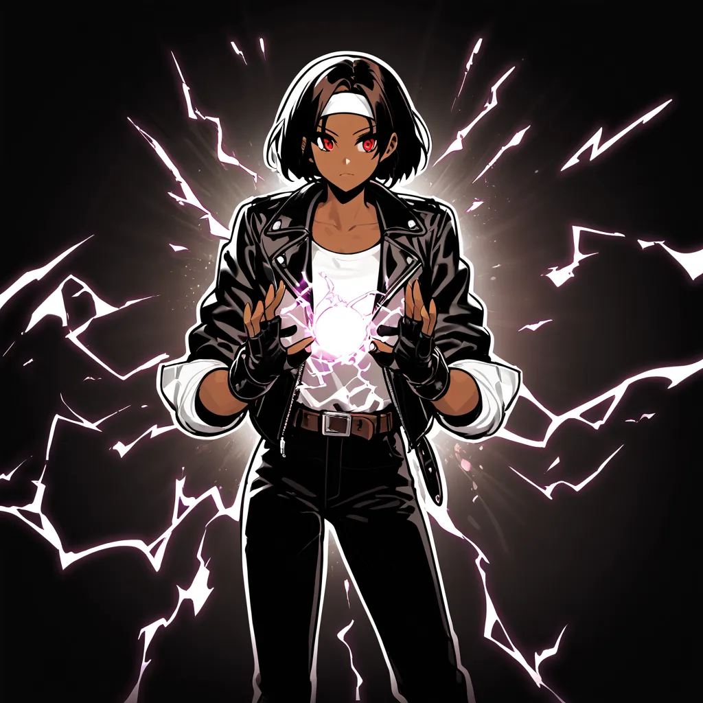 1 Woman, dark skin, dark hair, short cut, red eyes, jacket, looking, glare, electrokinesis, electricity, soft focus, she is wearing ((black leather jacket with rolled up sleeves)), open jacket, black fingerless gloves, white T-shirt, (( white headband)), b...