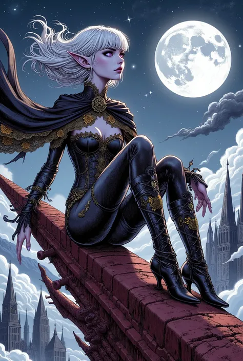 (Ultra-detailed face, Looking away, Gothic Illustration, Dark tone colors. She has five fingers on her hands and five toes on her feet.), BREAK 
(The night sky with the moon rising like a narrow white cat's eye. A red rusted city with many Gothic style spi...