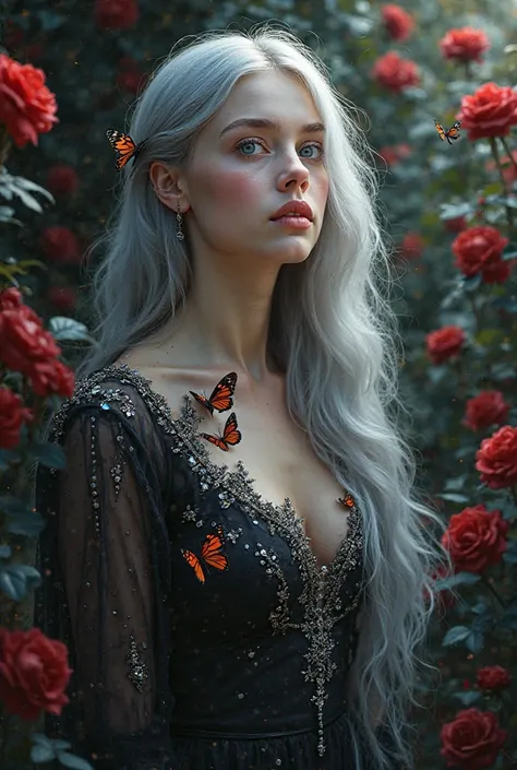 "A young woman of ethereal beauty with long silver hair,  bright blue eyes and flawless skin . She wears a black dress detailed with silver embroidery and precious stones,  reflecting a subtle sheen . Vibrant red butterflies surround the scene, some restin...