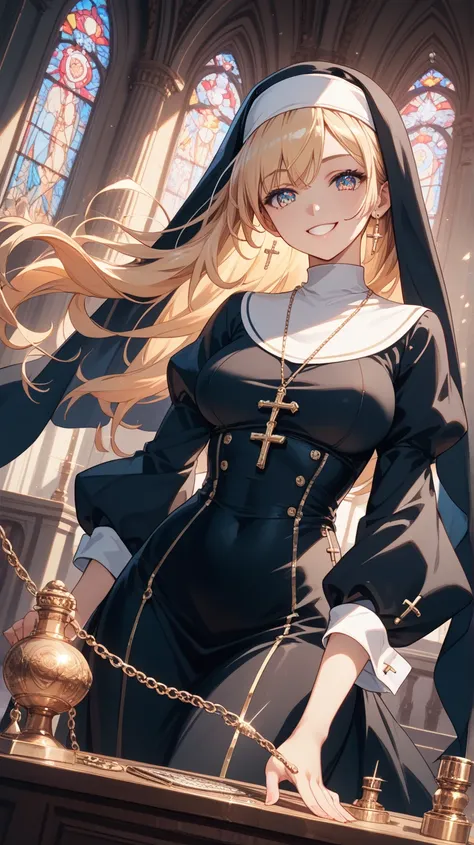 {{{{best quality,ultra-detailed,high resolution}}}},caustics,textile shading,super detailed skin,perfect anatomy,dynamic lighting,beautiful detailed eyes,1girl,20-yo,smile,dynamic angle,dutch angle,nun clothes,antique charch,