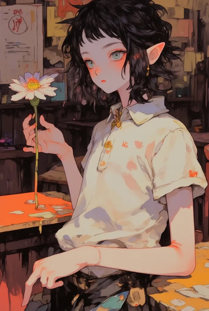 Tall, thin, college boy, messy, black hair, green eyes, his hands holding a flower, wearing a white polo shirt and baggy pants, standing in an empty classroom in the afternoon (obra maestra)