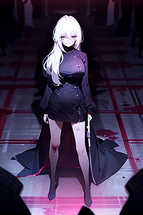 A woman with white hair down to her back, bangs, tall, large breasts, blood stained all over her body, wearing a long shirt covering her legs, looking exhausted, panting a little, Standing holding a knife and staring at me