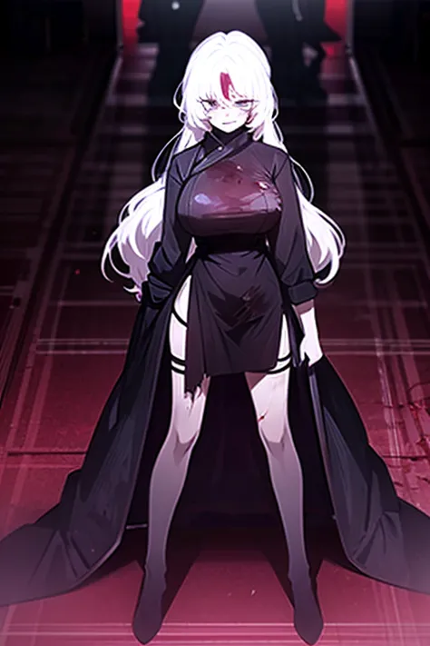 A woman with white hair down to her back, bangs, tall, large breasts, blood stained all over her body, wearing a long shirt covering her legs, looking exhausted, panting a little, Standing holding a knife and staring at me