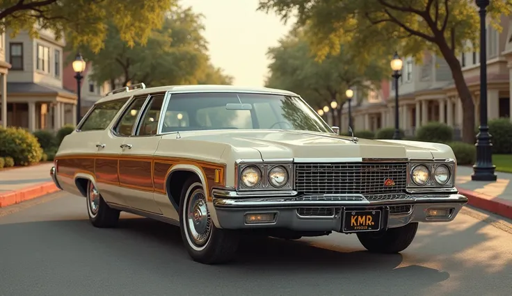 "A hyper-realistic, ultra-HD digital render of a 1969-1972 Chevrolet Kingswood Estate in cream color, parked in a vintage American suburban neighborhood with warm natural lighting. The car is positioned straight, showing its classic full-size station wagon...