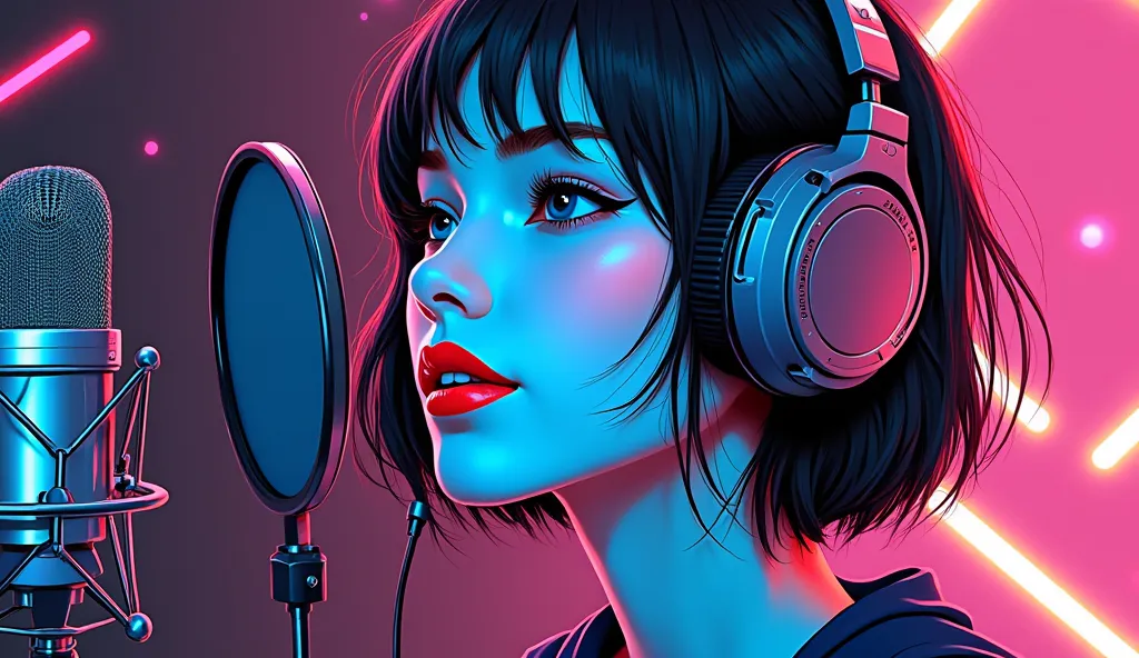 The image shows a digital illustration in a cyberpunk style featuring a person wearing headphones in front of a microphone. The artwork has a striking color scheme dominated by bright neon pinks, blues, and yellows against darker backgrounds.
The illustrat...