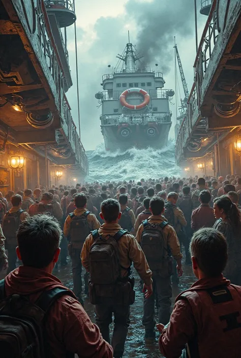 Scenes of passengers running, inside the ship, shouting, lifeboats being prepared.