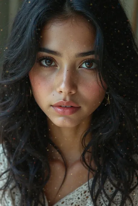 A indian girl, her expressive deep-set eyes captivating, framed by glossy black hair contrasting with her white skin, .