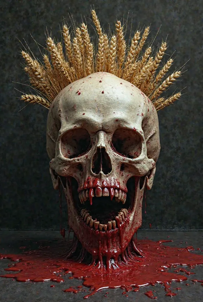 Create a human skull with wheat in it, Also add blood