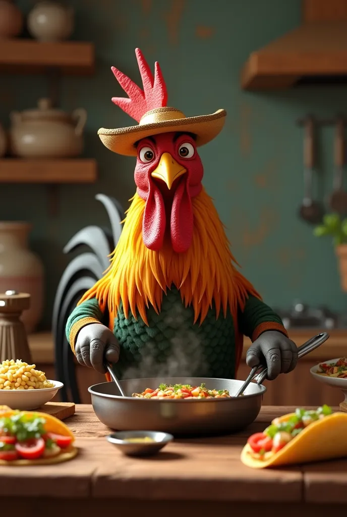 A rooster preparing tacos with a cap 