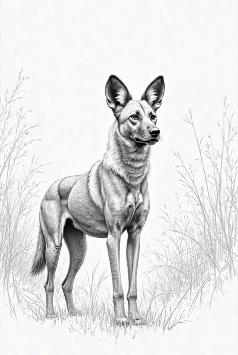 Black and white pencil sketch of a wild dog without any colors just lines of pencil , detailed lines, no shading, only outlines, realistic wild dog in natural habitat, standing wild dog looking alert, surrounded by tall grass and trees, professional line a...