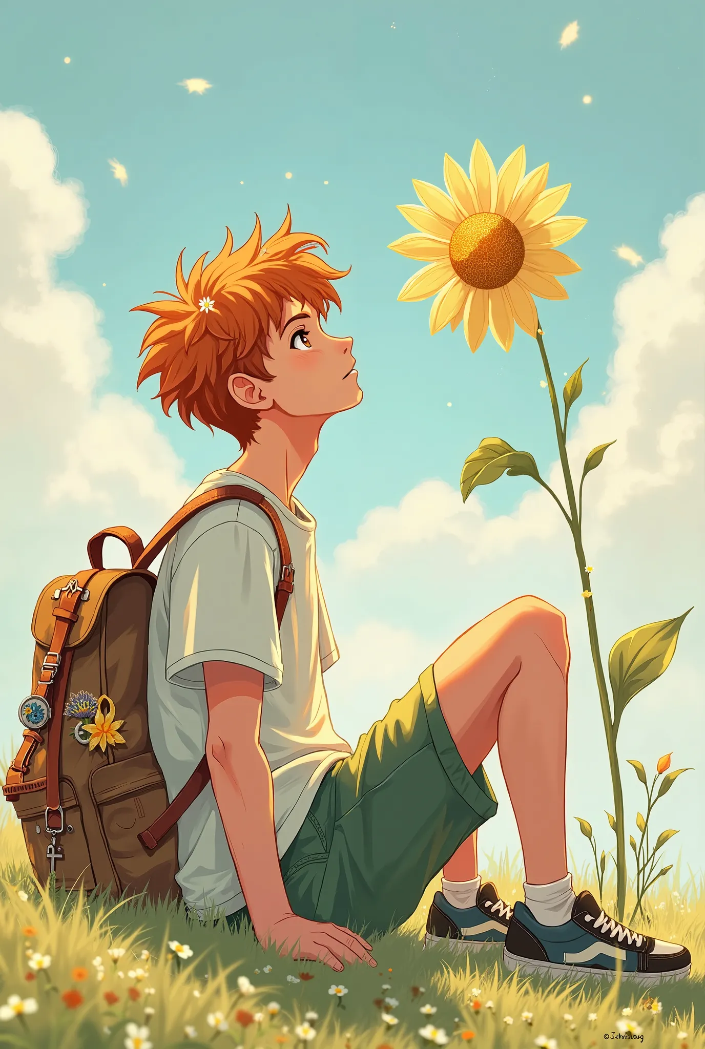 Create a realistic anime-style illustration of handsome man , dark brown eyes, sharp features sitting on the ground, looking up at a giant daisy with admiration. He has short, messy soft orange hair adorned with small wildflowers, and wears a white oversiz...