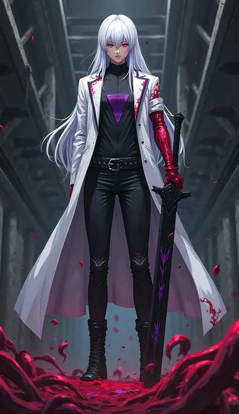 Imagine a man standing on top of a pile of s he's tall, long white hair, She has a large black sword with purple details on her hand and wears a white overcoat, black bodysuit with purple triangle in the middle of the chest, dress pants and combat boots bl...