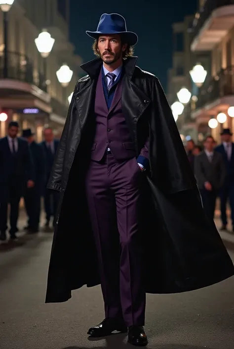 Keanu Reeves, dressed as a captivating Mafia boss, stood under the dim streetlights of New Orleans, the night air thick with mystery. His dark purple suit, perfectly tailored, hugged his frame, while the shirt beneath was slightly open at the collar, givin...