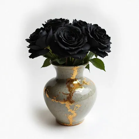 Create an image of a traditional Kintsugi ceramic vase, where its cracks are mended with radiant gold, emphasizing the beauty of its imperfections. The vase has an elegant, slightly aged design, with its golden scars standing out. Inside the vase, there is...