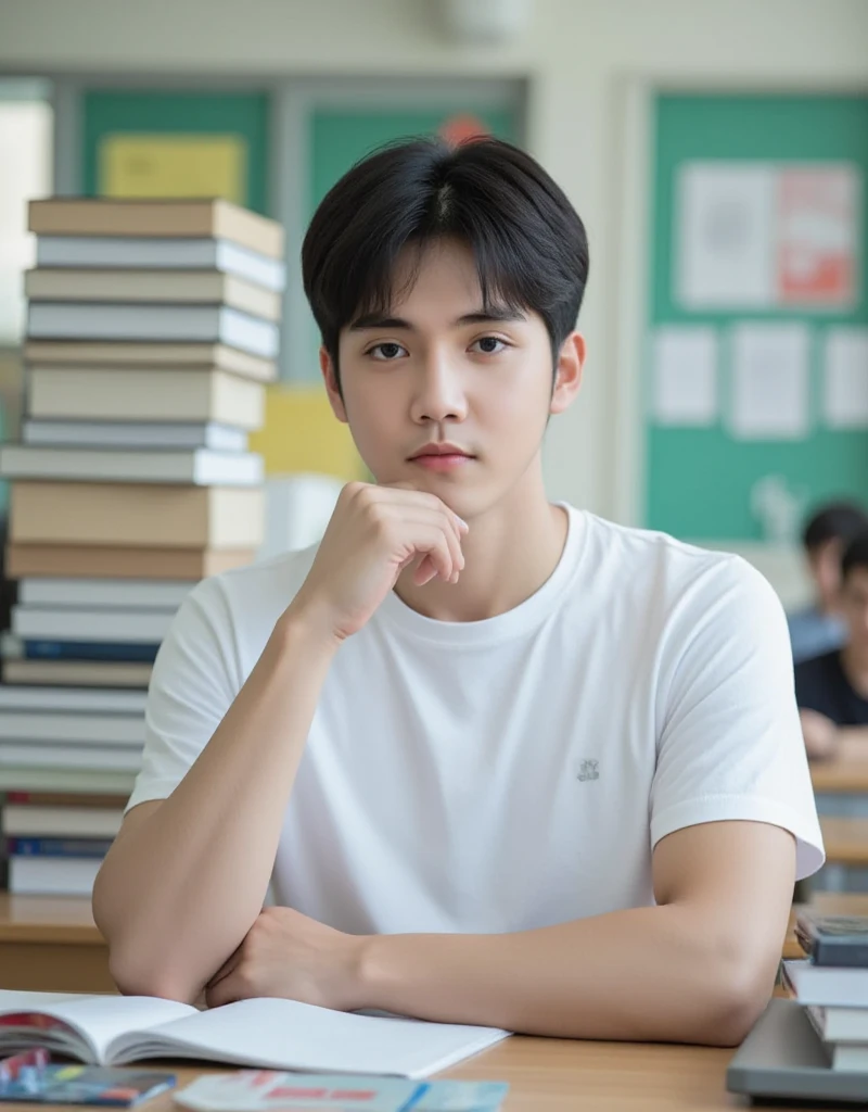  A man sits in the classroom , [handsome guy,  male student ,  in the classroom on campus , this  male student  is wearing a white T-shirt, short black hair, Holding a pen in his hand,  has an essay , There are books,  The lens is mainly focused on the upp...