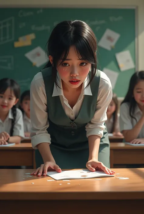 Female teacher crouching and peeing for class on the teaching table、chest,  blushes, tears