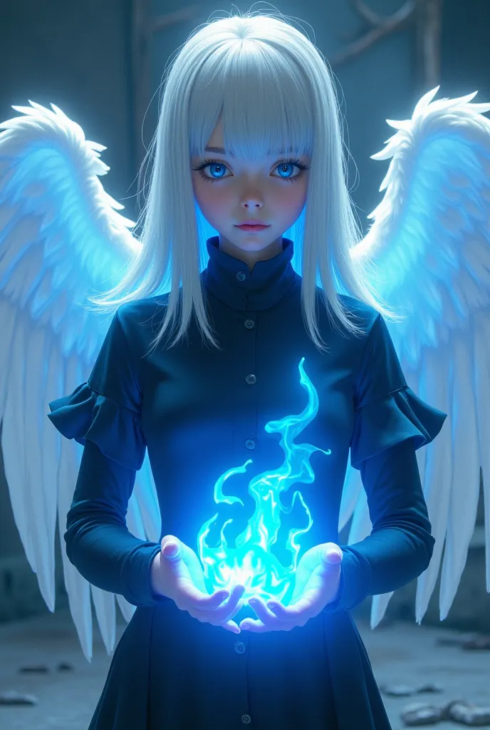 17-year-old girl with straight white hair with a furrowed blue eyes wearing a black shirt tied with white wings while holding a blue fire style buko no hero academy