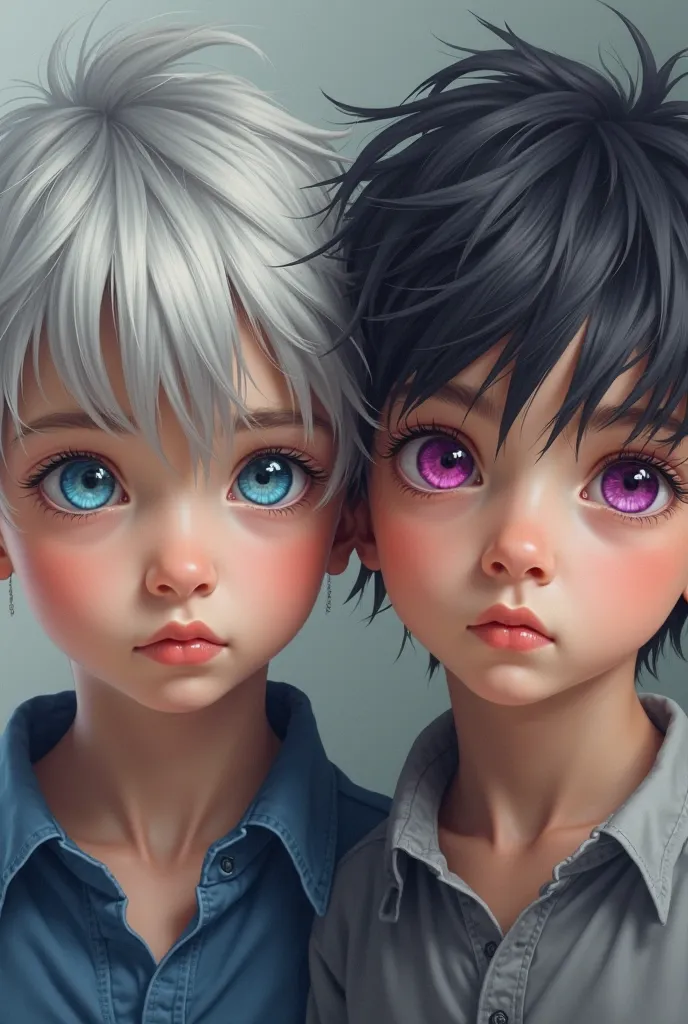 two boys, one with azure eyes and light gray hair and one with magenta eyes and dark gray hair.