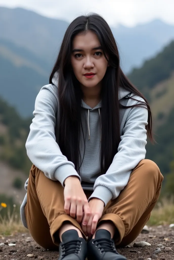 front facing portrait, full body portrait,  Real human photo, Ayunda  is a 25 years old womam, medium and tall body, white skin. Long straight black hair,  black expressive eyes,  . Wearing   plain light grey hoodie,  brown  cargo pant,   black mountain sh...