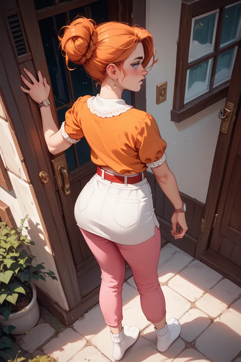  Candice Flynn, orange hair, wide,  irritated,  blushed, In the courtyard of your house , Orange blouse, white skirt,  pink pants , White Knee-High Socks, From above, Give me back , raise your butt, watch viewers. Red Belt. 