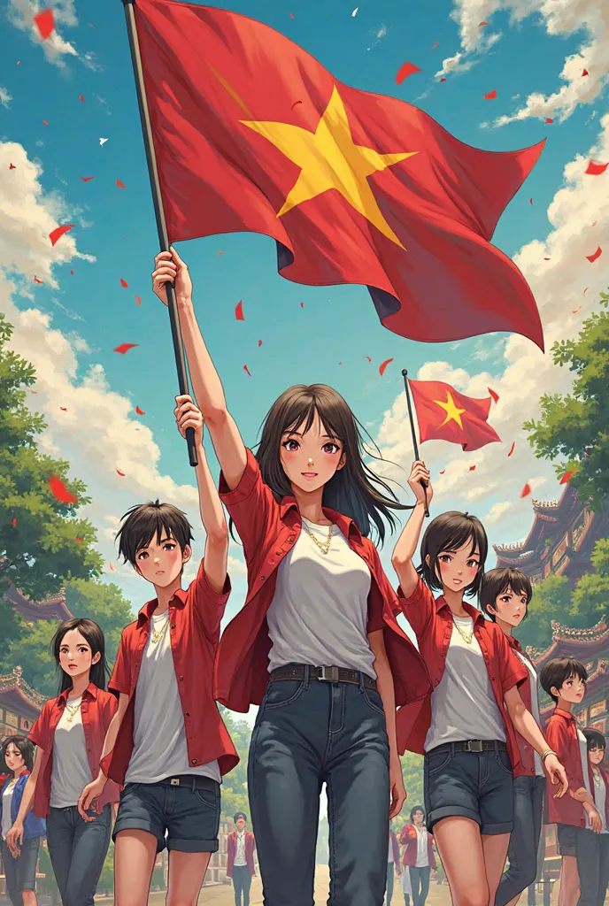 Vietnamese youth group holding Vietnamese flag anime animation 