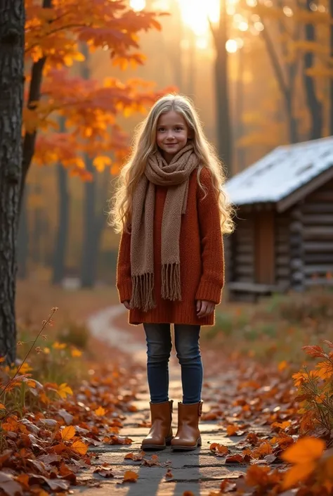 "A photorealistic, surreal, and award-winning portrait of a young, beautiful girl with long, flowing blonde hair, wearing a warm, earthy-toned outfit (a rust-colored sweater, brown scarf, and tan boots) suitable for autumn, standing on a stone path in a pi...