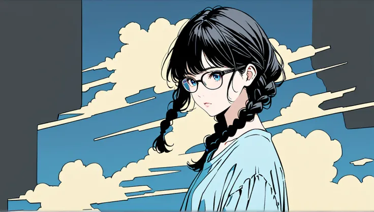 ((cloud))、((alone)),((null)),wind、((Transparency)),(( neon color)), expressionless,((Black hair long hairstyle with braids)),(((black rimmed glasses))),masterpiece, Highest quality, Beautiful attention to detail, Very detailed, In detail, High resolution, ...