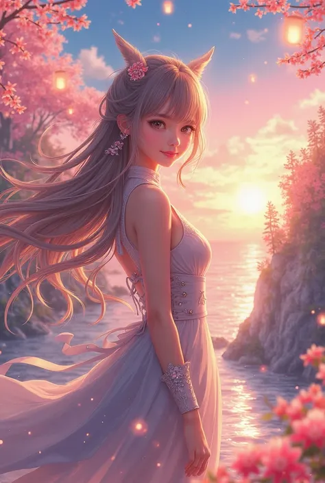 "A breathtaking anime-style illustration of a beautiful girl with long, flowing hair, standing in a magical landscape. She has expressive, sparkling eyes and a gentle smile. Her outfit is elegant, detailed, and slightly futuristic, with soft pastel colors ...