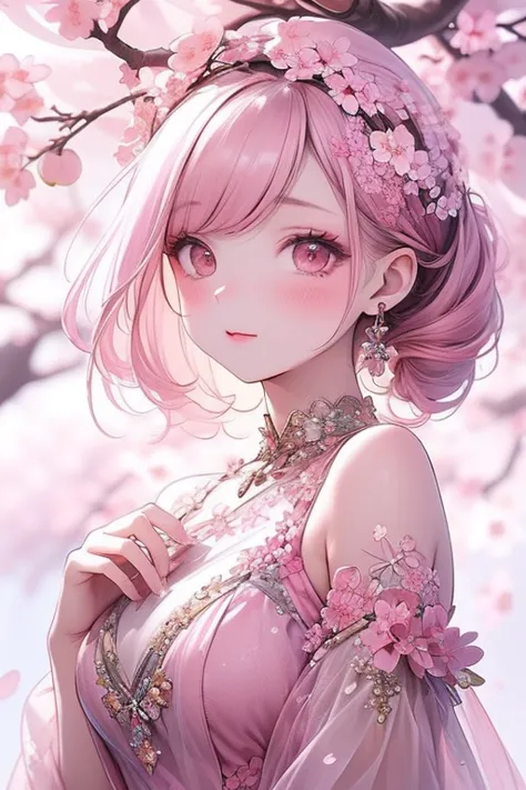 (masterpiece、Highest quality、Ultra-detailed drawing)、(Background white:1.7)、( no background:1.7)、1 girl、PASTEL COLOR、 gorgeous dress、(pink dress:1.5)、(pink hair:1.7)、アイシャドウが dark makeup、 dark makeup、(Chignon's hair:1.7)、 frill、race、( evening dress :1.5)、Fl...