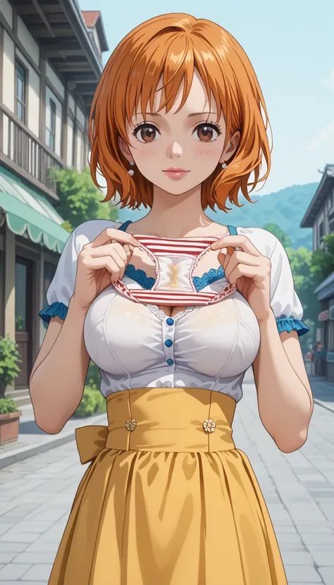  score_9,  score_8_ up,  score_7_ up,   source_anime,  (anime coloring, anime screencap:1.2),  flat color ,   goddess magazine  ,   pubic skin, we  ( dress),  short hair full of pee,   have orange hair ,  brown eyes,  clevis on the stone,   striped shirt ,...